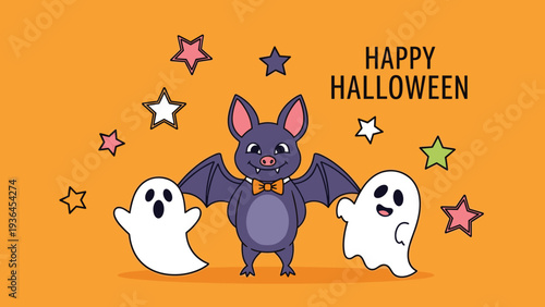 Spooky Halloween illustration featuring a smiling bat wearing a bow tie and friendly ghosts surrounded by colorful stars on an orange background.