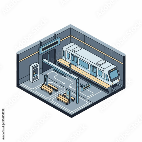 Isometric Illustration of Modern Subway Train Station.