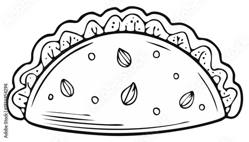 Taco Outline Drawing with Toppings in Black and White