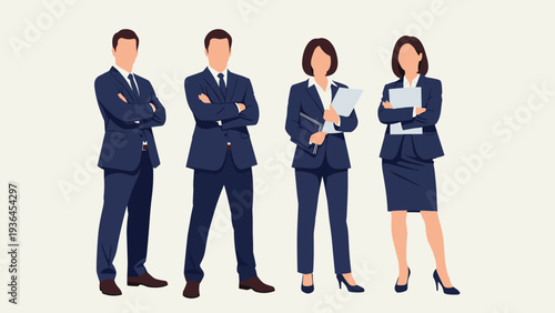 Professional team of four diverse business people standing together in stylish suits ready for a corporate meeting or presentation in an office.