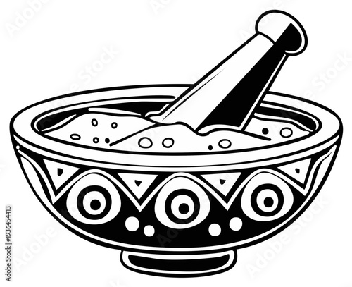 Illustration of a mortar and pestle with ground ingredients.
