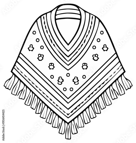 Poncho line drawing with fringes and simple patterns traditional Mexican or South American style