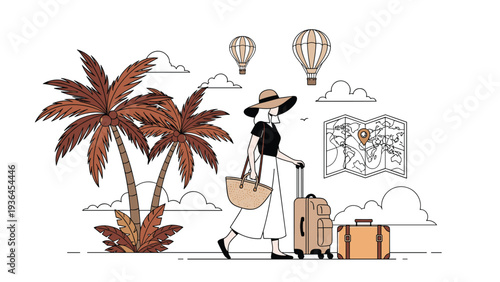 Elegant woman wearing a wide sun hat walking with her luggage in a beautiful tropical setting with palm trees and hot air balloons in the sky.