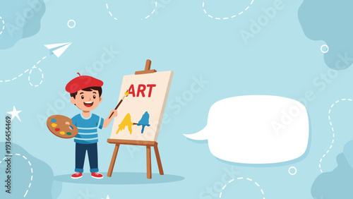 Creative young boy wearing a red beret painting the word ART and colorful shapes on a canvas with a palette in his hand in an art studio.