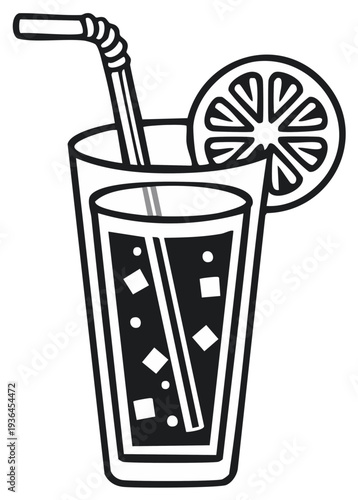 Refreshing tall glass of cold beverage with ice cubes straw and lemon slice cartoon illustration