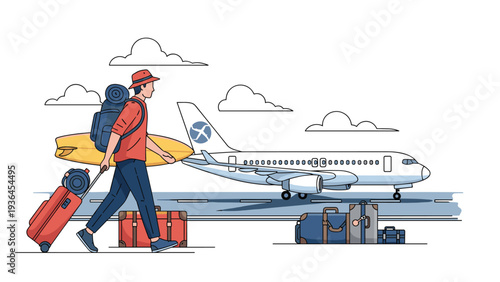 Young man with a large backpack and a yellow surfboard walking past an airplane at the airport ready for a surfing vacation adventure.