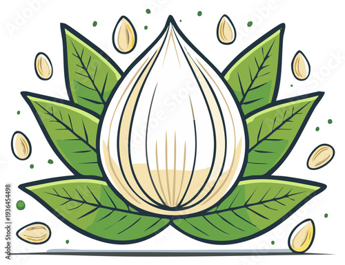 Cartoon stylized drawing of garlic bulb nestled among leaves, with surrounding seed drops, evoking a naturalistic and flavorful visual metaphor.
