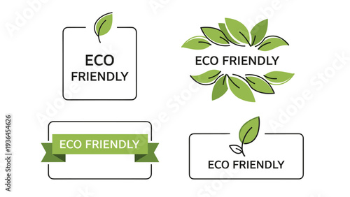 Set of four distinct eco-friendly labels and badges featuring green leaves and organic shapes to promote environmental sustainability and green products.