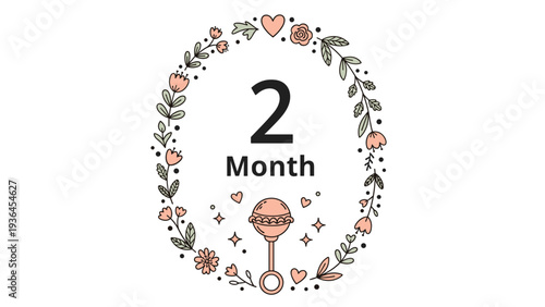 Charming second month baby growth milestone card featuring a delicate floral wreath with pink blossoms and a cute rattle at the bottom for memory.
