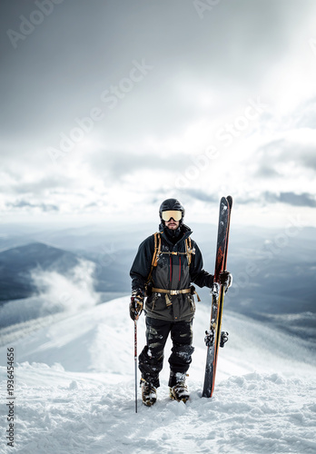 Wallpaper Mural  Mountaineer standing with skis in snowy mountains under dramatic sky. Vertical outdoor banner concept symbolizing achievement, leadership, success, freedom, extreme conditions, and adventure travel. Torontodigital.ca