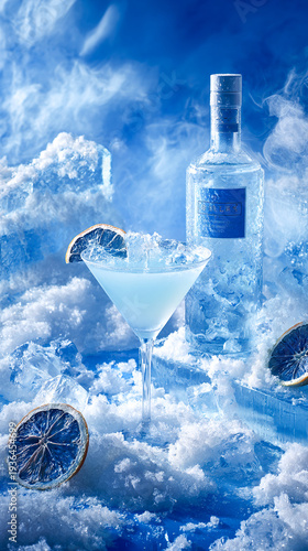 Wallpaper Mural  Cocktail glass surrounded by ice and frost in deep blue tones. Advertising banner presentation for alcoholic or nonalcoholic drinks, nightlife bar culture, premium drink concept with cold lighting. Torontodigital.ca