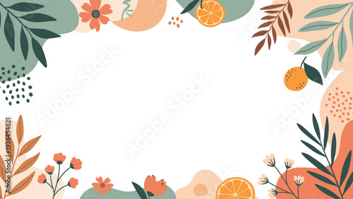 Tropical floral border with green leaves and orange fruit slices surrounding a central white copy space on a colorful abstract background.