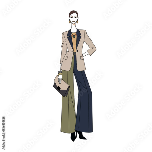 Fashionable woman in wide-leg pants and blazer, holding a clutch bag, elegant business attire