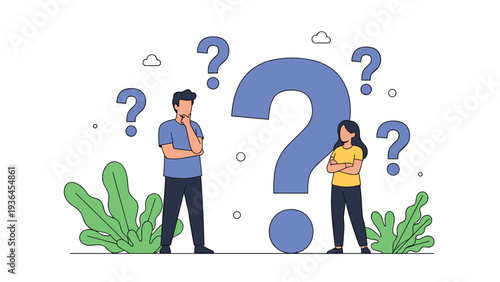 Young man and woman looking thoughtful and confused while standing in front of large blue question marks symbolizing doubt and inquiry.