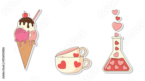 Cute stickers featuring a multi scoop ice cream cone, stacked teacups with hearts, and a science flask filled with bubbling love hearts.
