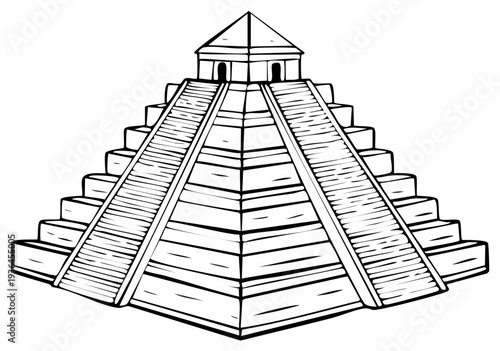 Line Art: Ancient Mesoamerican Pyramid, Stairway, Architecture, and Construction  Drawing of Structure, Landmark and Ancient Civilization