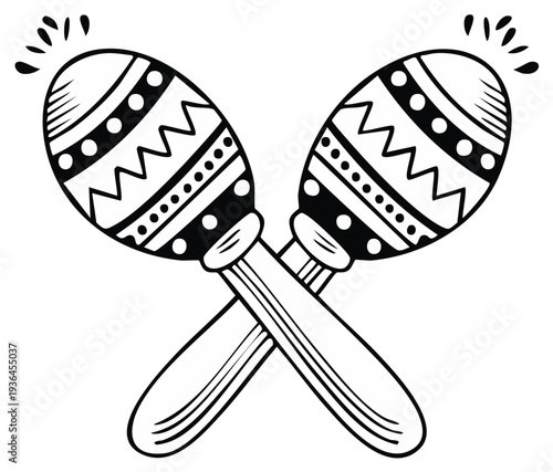 Two crossed black and white maracas with decorative patterns illustration