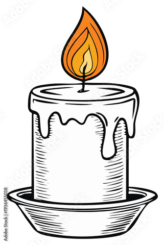 Illustration of a lit wax candle with dripping wax in a saucer in a cartoon style