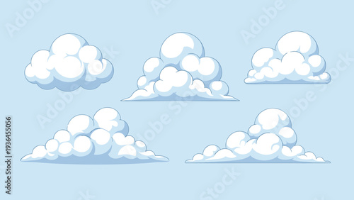 Diverse collection of fluffy white clouds in various shapes and sizes illustrated on a clear blue sky background for graphic design use.