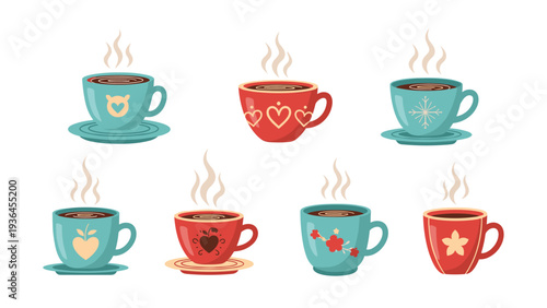 Assortment of colorful coffee and tea mugs with steam rising and various decorative patterns like hearts, snowflakes, and floral designs.