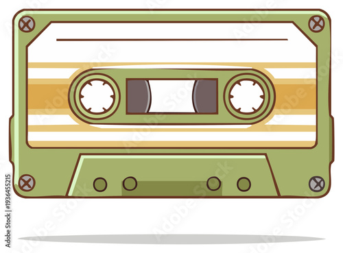 Retro audio cassette tape illustration, green and gold with simple outline design.