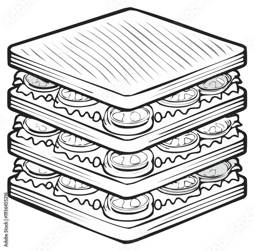 Hand drawn illustration of a tall triple decker sandwich with lettuce and tomato slices