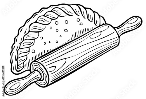 Hand-drawn illustration of a savory pastry and a wooden rolling pin on a white surface