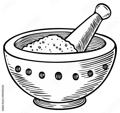 Traditional mortar and pestle with ground spices and herbs illustration