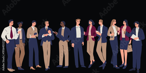 Group of business people standing in a row showing teamwork and corporate success with black background .