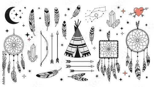Comprehensive set of bohemian and tribal elements including dreamcatchers, a teepee, arrows, feathers, crystals, and celestial symbols.