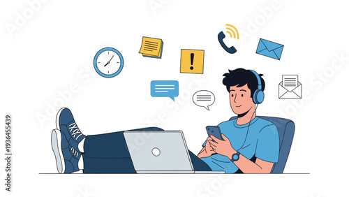 Young man relaxing with his feet up while using his laptop and smartphone, surrounded by various communication and work related icons.