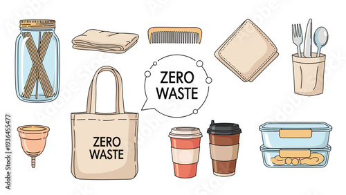 Collection of zero waste lifestyle items including a reusable glass jar, cloth bag, coffee cups, metal cutlery, and glass food containers.