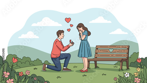 Romantic man kneeling and proposing to a woman with an engagement ring in a beautiful park setting with flowers and a wooden bench.
