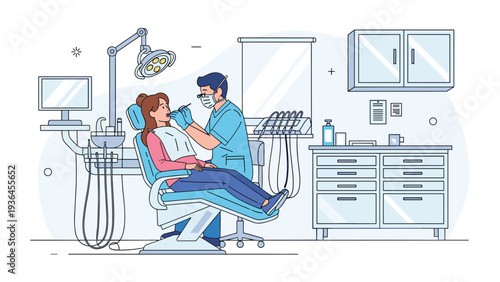 Dentist examining a female patient in a modern dental office with professional equipment, medical cabinets, and a comfortable chair.
