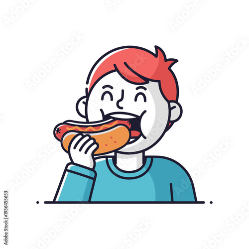 Happy boy eating a delicious hot dog with relish and ketchup, enjoying street food.