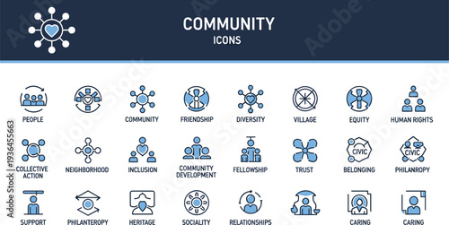 Set of Community Icons Illustrating Social Impact, Equity, Inclusion, and Civic Engagement for Social Designs