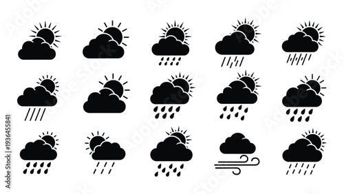 A collection of weather icons in black and white