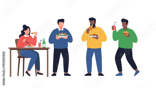 Diverse group of people enjoys a variety of fast food meals including pizza, burgers, and salads in a casual social dining setting.