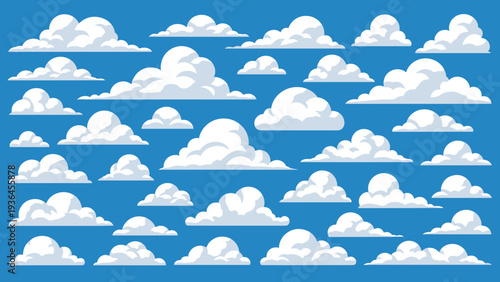 Massive set of pixelated white clouds on a blue background provides diverse assets for retro video game environments and digital art.
