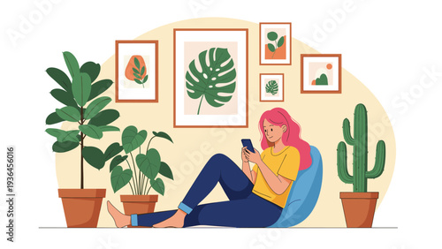 Young woman with pink hair relaxes on a beanbag chair while browsing her smartphone in a cozy room filled with indoor potted plants.