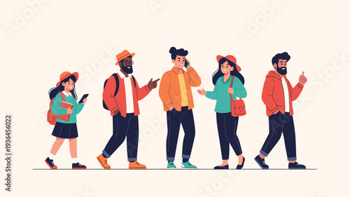 Group of diverse fashionable people walks and talks together while some use their mobile phones in a clean flat illustration style.