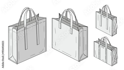 Technical fashion sketches provide multiple views of a large tote bag design including front, side, and isometric perspectives for manufacturing.