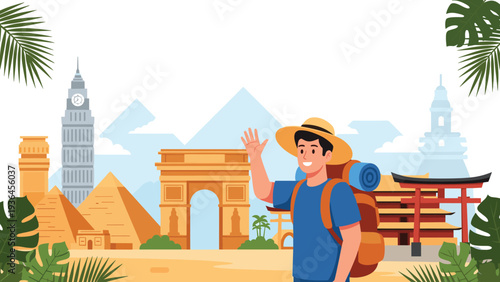 Young male traveler with a backpack waves cheerfully while standing in front of iconic world landmarks and historical monuments.