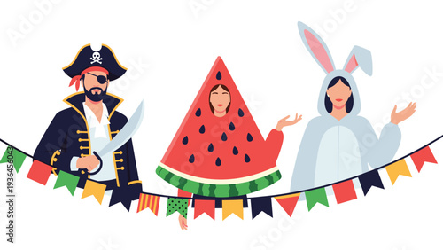Group of people dressed in creative costumes like a pirate, watermelon, and bunny celebrate at a party decorated with festive bunting.