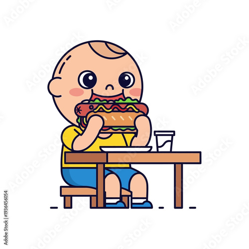 Cute baby eating a big hot dog with ketchup and mustard at a table, happy meal