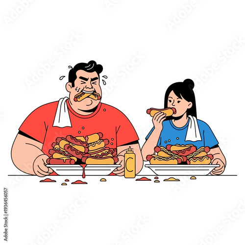 Couple Overwhelmed by Huge Piles of Hot Dogs, Eating Excessively