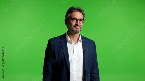 Man in suit gesturing thoughtfully against green screen background