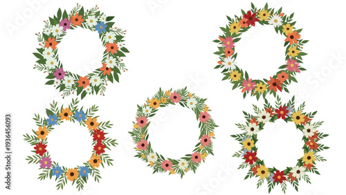 Collection of five vibrant floral wreaths with different flower species and green leaves suitable for wedding or spring designs.