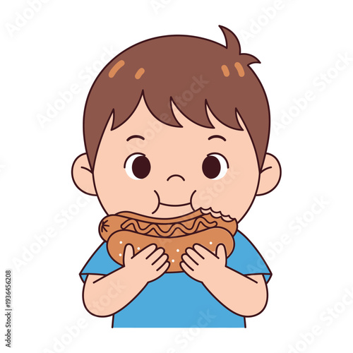 Cute boy eating a hot dog with relish, happy expression, close-up