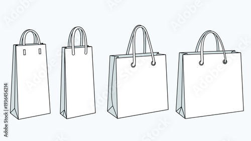 Set of white paper shopping bags in different sizes and shapes with sturdy handles ideal for retail and branding mockups.